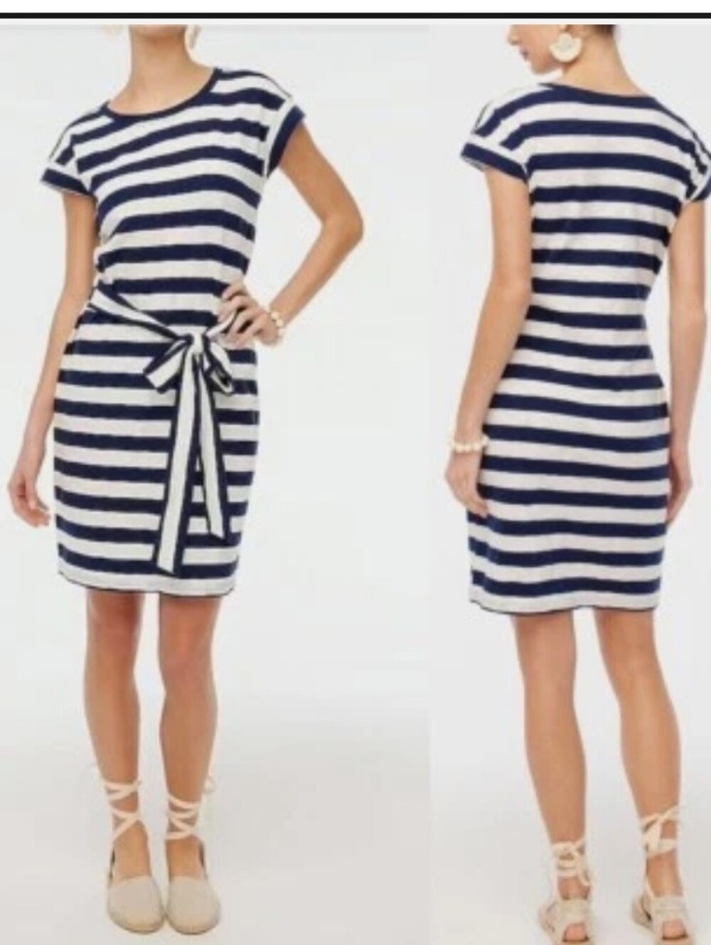 J. Crew Navy and White Striped Tie-Waist Midi Dress